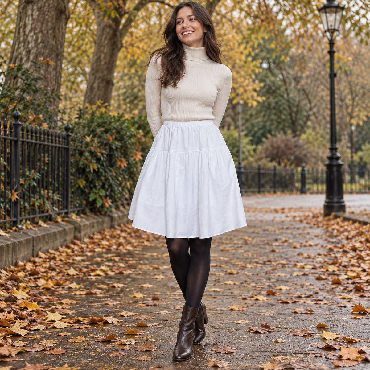 pleated skirt — Happy adult model wearing the full White Nora Tibetan Blue High Waist A Line Knee Length Sports in — view 6
