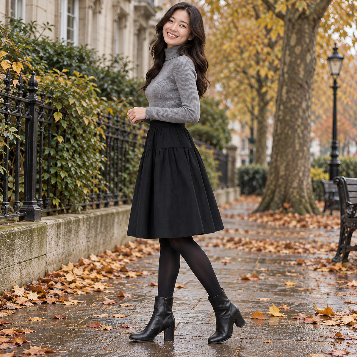 pleated skirt — Side full length view of the Black garment worn by a happy adult model in cool UK autumn setting — view 7