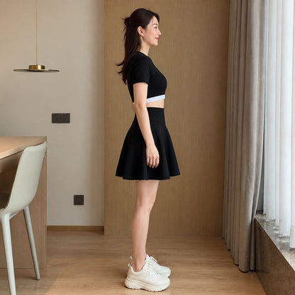 pleated skirt — Black A line skater mini skirt true side view — view 13
