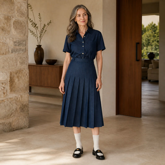 pleated skirt — Denim blue tailored pleated midi skirt complete front view