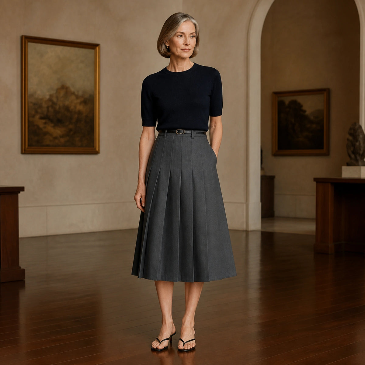 pleated skirt — Dark grey tailored pleated midi skirt complete front view — view 3