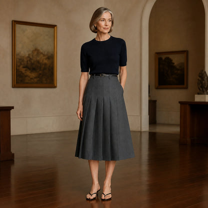 pleated skirt — Dark grey tailored pleated midi skirt complete front view — view 3