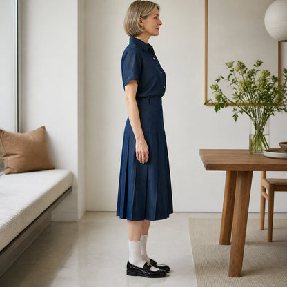 pleated skirt — Denim blue pleated midi skirt true side view — view 4