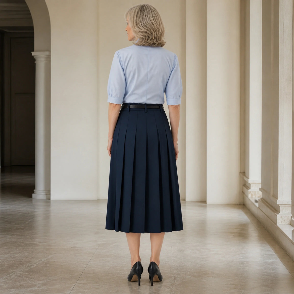 pleated skirt — Navy blue pleated midi skirt direct rear view — view 5