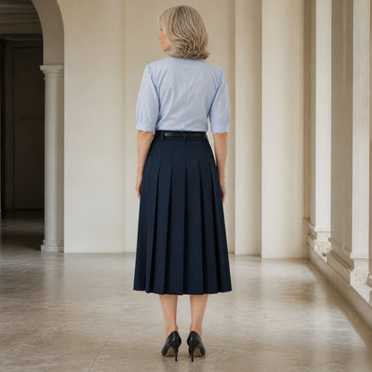 pleated skirt — Navy blue pleated midi skirt direct rear view — view 5