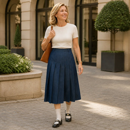 pleated skirt — Woman wearing a denim blue pleated midi skirt in city courtyard — view 7
