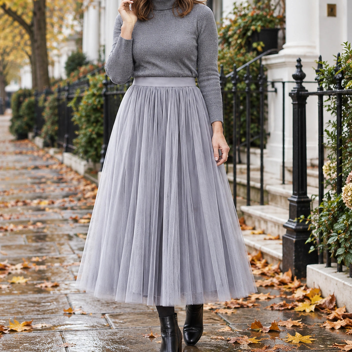 pleated skirt — Front view of the full Grey 78 cm skirt worn by an adult model in a cool UK autumn street setting — view 26
