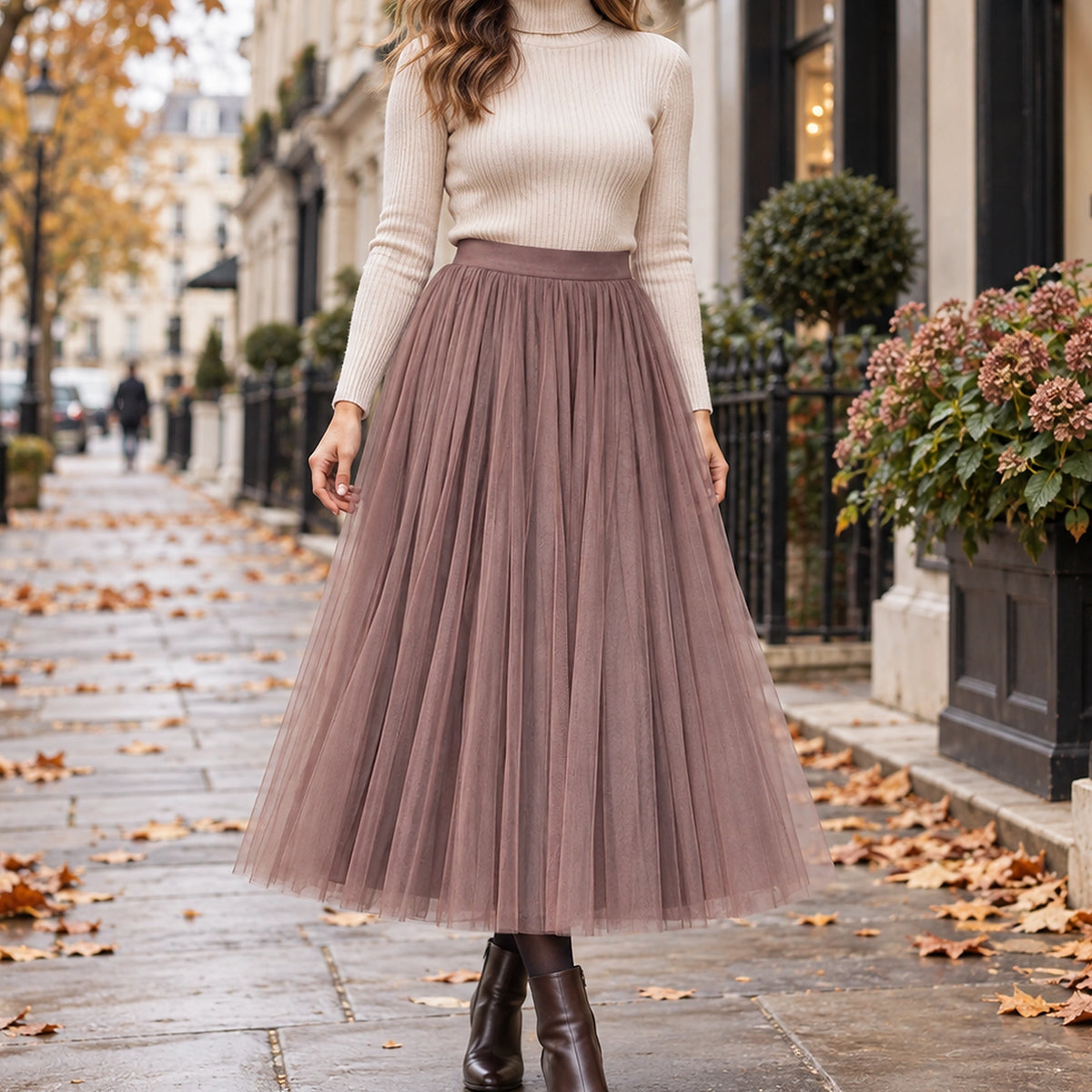 pleated skirt — Front view of the full Coffee 88 cm skirt worn by an adult model in a cool UK autumn street setting — view 3
