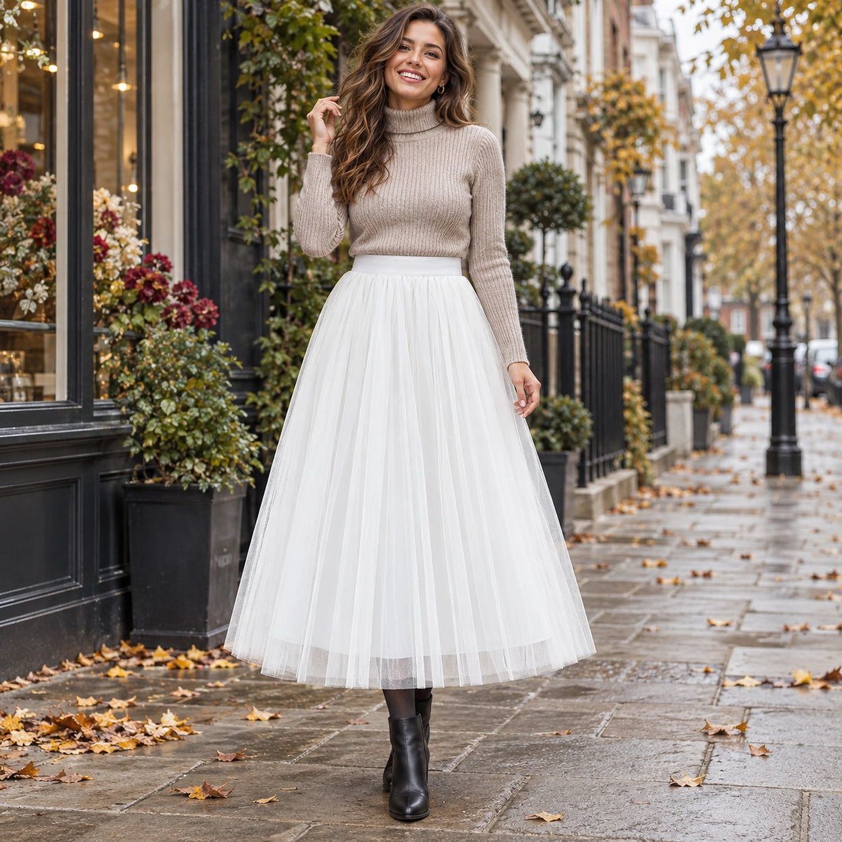 Happy adult model wearing the full White Violet High Waisted A Line Tulle Pleated Skirt in cool UK autumn setting — view 51