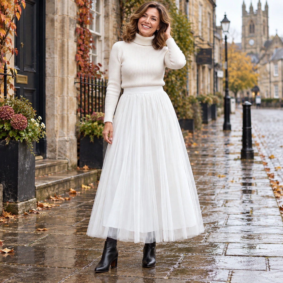 Happy adult model wearing the full White Violet High Waisted A Line Tulle Pleated Skirt in cool UK autumn setting — view 52