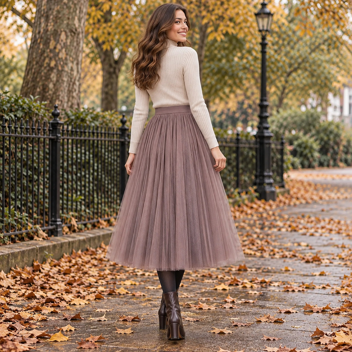 pleated skirt — Back full length view of the Coffee garment worn by a happy adult model in cool UK autumn setting — view 58