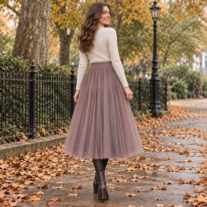 pleated skirt — Back full length view of the Coffee garment worn by a happy adult model in cool UK autumn setting — view 58