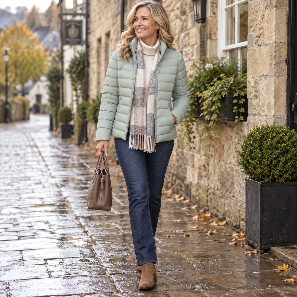 Happy adult model wearing the full Green Charlotte Stand Collar Lightweight Puffer Jacket in a cool UK autumn — view 8