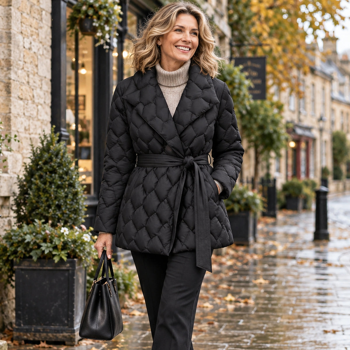 puffer jacket — Jacket focused front view of the full Black Evelyn Diamond Quilted Belted Puffer worn by a happy — view 3