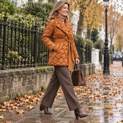 puffer jacket — Side full length view of the Orange garment worn by a happy adult model in cool UK autumn setting — view 7