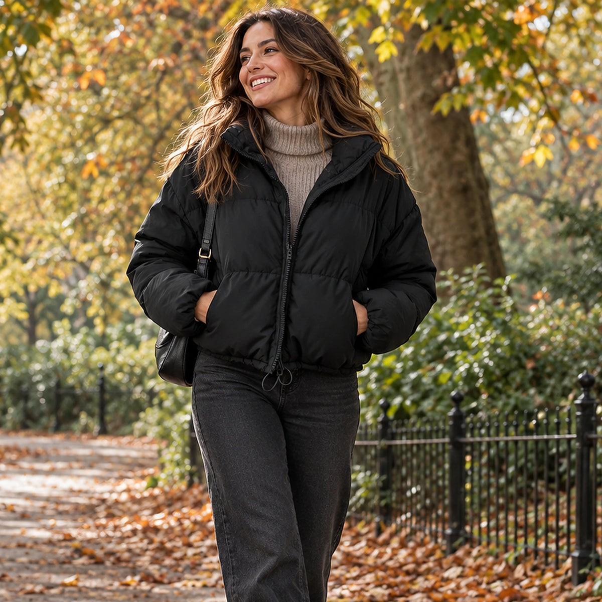 puffer jacket — Jacket focused front view of the full Black Isabella Cropped Stand Collar Drawcord Puffer worn by a — view 4