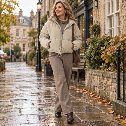 Happy adult model wearing the full Beige Isabella Cropped Stand Collar Drawcord Puffer Jacket in a cool UK autumn — view 7