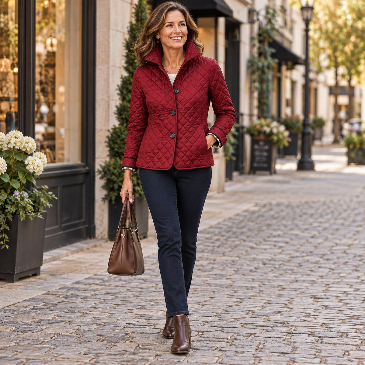 Happy adult model wearing the full Burgundy Lily Diamond Quilted Check Cuff Puffer Jacket in a cool UK autumn — view 9