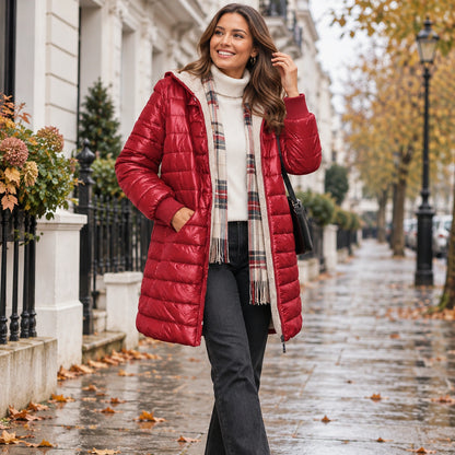 puffer jacket — Jacket focused front view of the full Red Lily Hooded Ribbed Cuff Longline Puffer worn by a happy — view 3