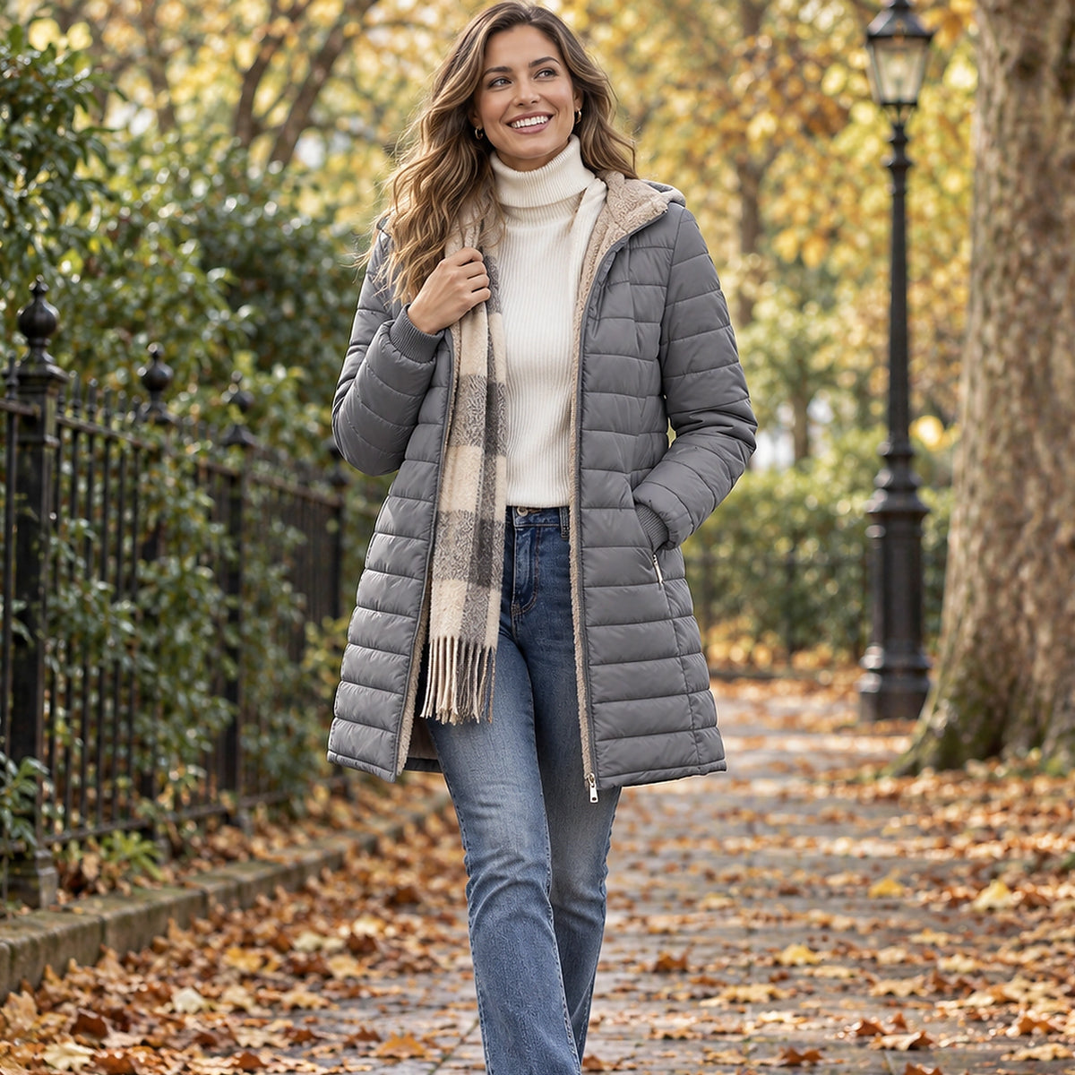puffer jacket — Jacket focused front view of the full Grey Lily Hooded Ribbed Cuff Longline Puffer worn by a happy — view 5