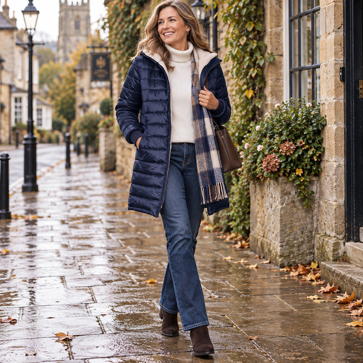 Happy adult model wearing the full Dark Blue Lily Hooded Ribbed Cuff Longline Puffer Jacket in a cool UK autumn — view 9