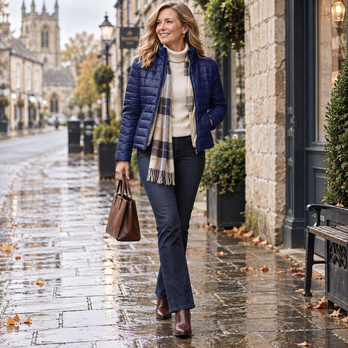 Happy adult model wearing the full Navy Blue Ruby Cropped Teddy Lined Quilted Puffer Jacket in a cool UK autumn — view 3
