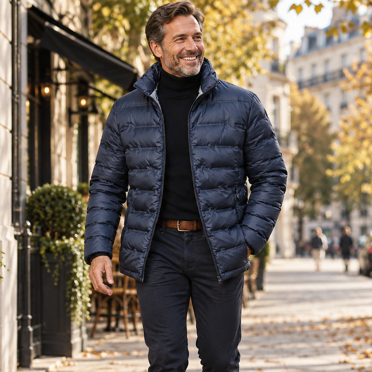 Jacket focused front view of the full Blue Quilted High Collar Insulated for Men worn by a happy adult model in UK autumn