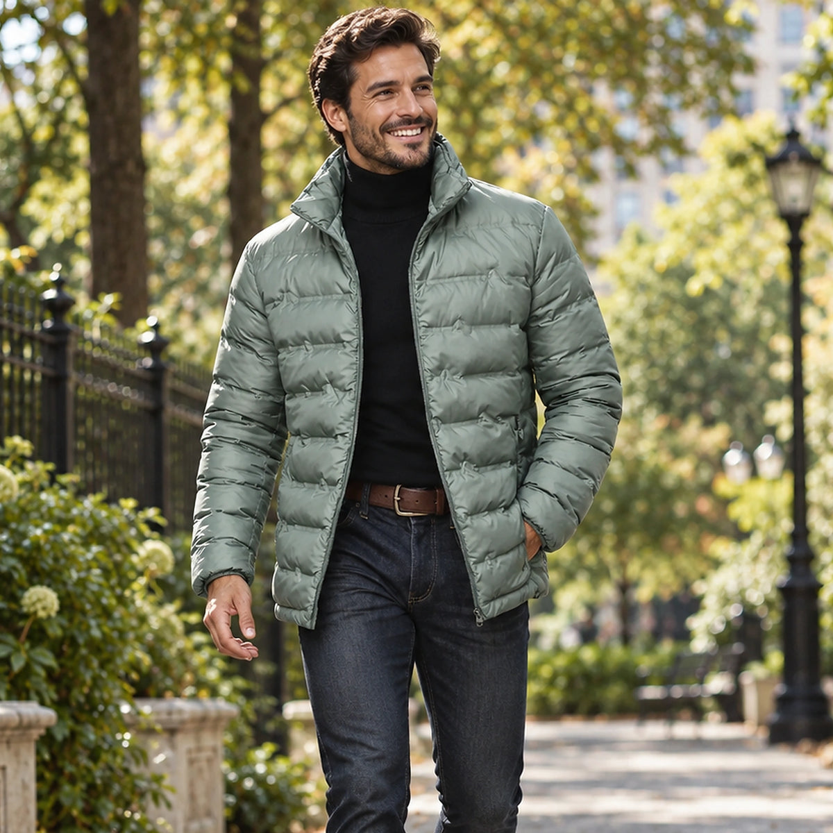 Jacket focused front view of the full Green Quilted High Collar Insulated for Men worn by a happy adult model in UK — view 2