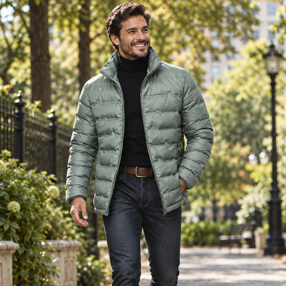 Jacket focused front view of the full Green Quilted High Collar Insulated for Men worn by a happy adult model in UK — view 2