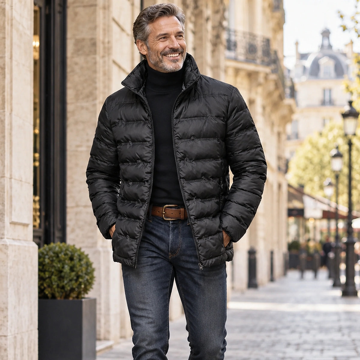 Jacket focused front view of the full Black Quilted High Collar Insulated for Men worn by a happy adult model in UK — view 3