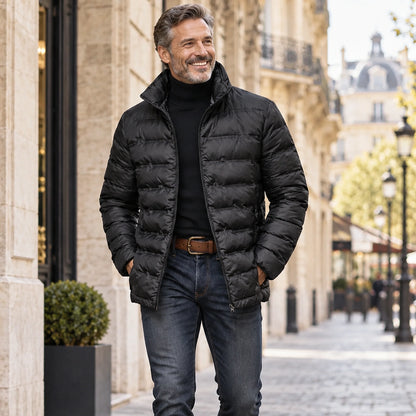Jacket focused front view of the full Black Quilted High Collar Insulated for Men worn by a happy adult model in UK — view 3