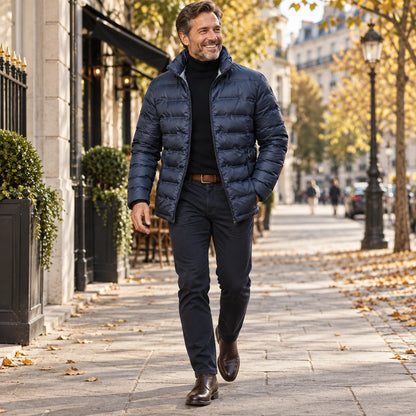 Happy adult model wearing the full Blue Quilted High Collar Insulated Jacket for Men in a cool UK autumn setting — view 4