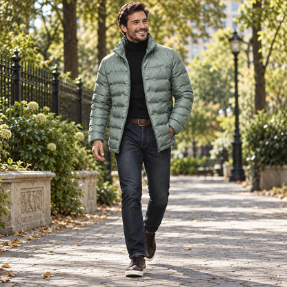 Happy adult model wearing the full Green Quilted High Collar Insulated Jacket for Men in a cool UK autumn setting — view 5