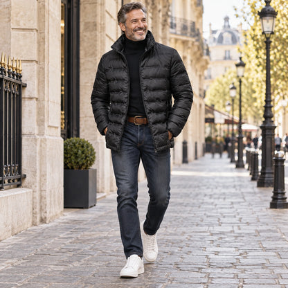 Happy adult model wearing the full Black Quilted High Collar Insulated Jacket for Men in a cool UK autumn setting — view 6