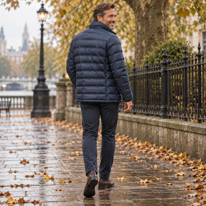 Back full length view of the Blue garment worn by a happy adult model in cool UK autumn setting — view 8