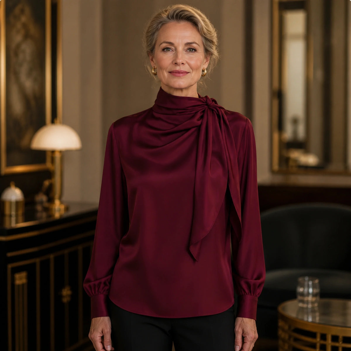 Burgundy draped scarf neck satin blouse complete front view — view 4