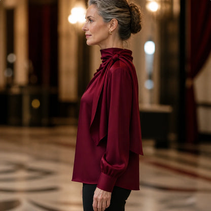 Burgundy scarf neck satin blouse true side view — view 5