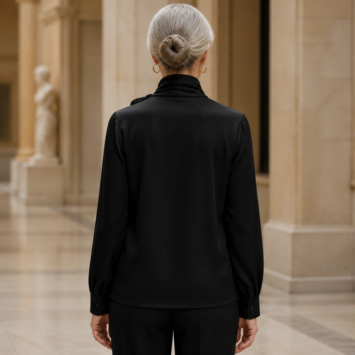 Black scarf neck satin blouse direct rear view — view 6