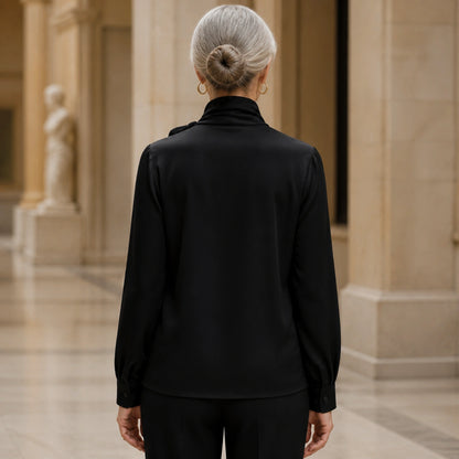 Black scarf neck satin blouse direct rear view — view 6