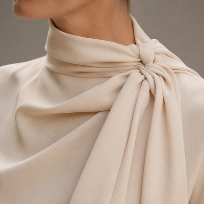 Champagne beige satin blouse scarf knot and drape detail — view 7