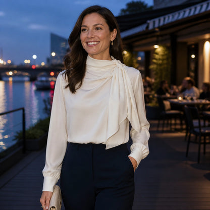 Woman in her thirties wearing an ivory scarf neck satin blouse at a riverside restaurant — view 9