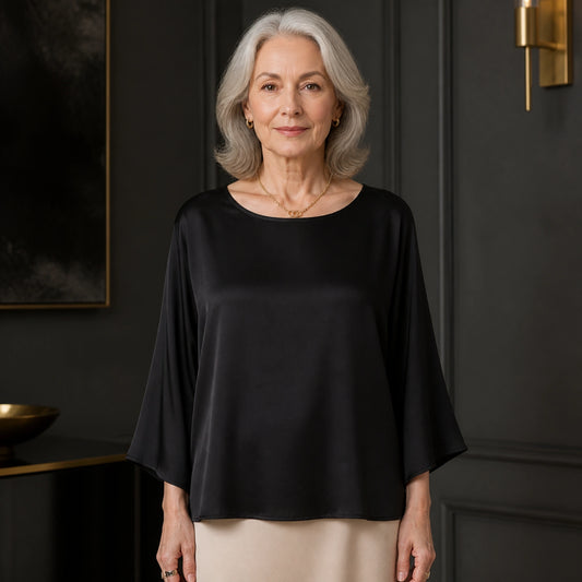 Black relaxed three quarter sleeve satin blouse complete front view — view 2