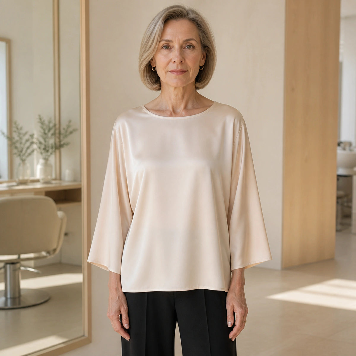 Champagne ivory relaxed three quarter sleeve satin blouse complete front view — view 4