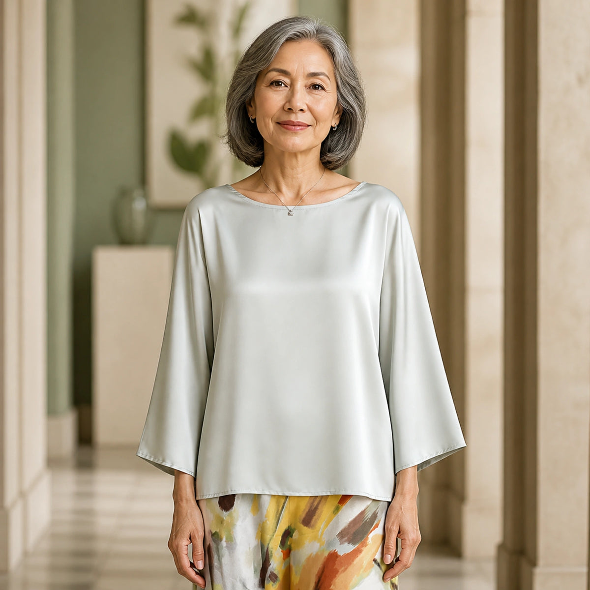 Sage gray relaxed three quarter sleeve satin blouse complete front view — view 6