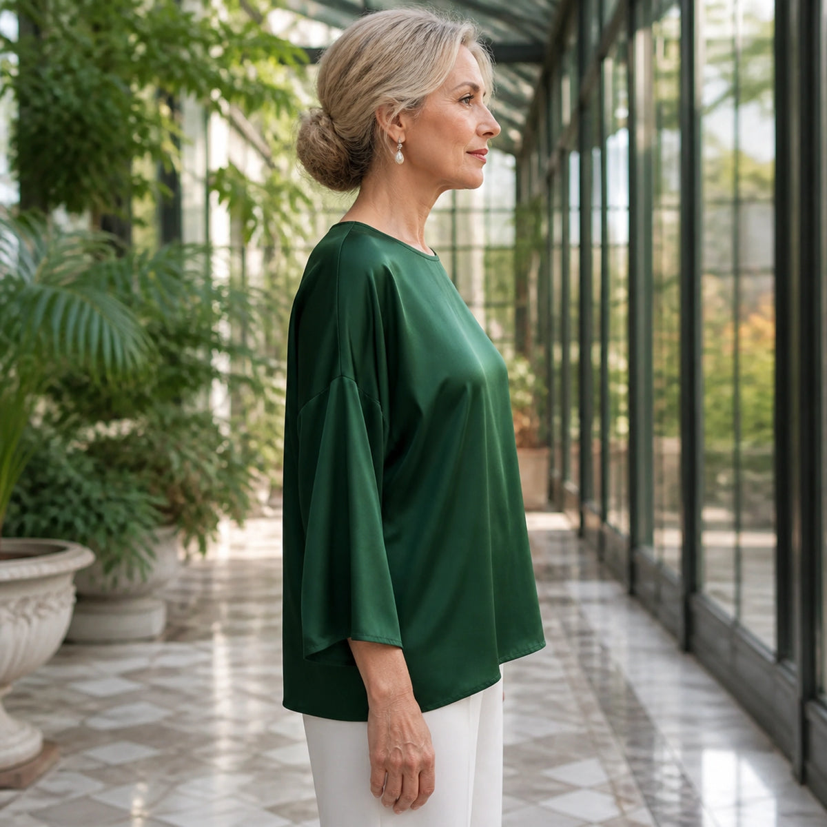 Emerald green loose satin blouse true side view — view 7