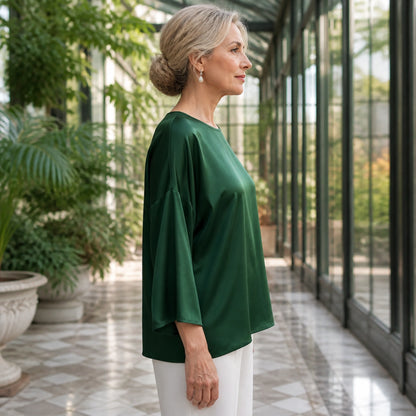 Emerald green loose satin blouse true side view — view 7