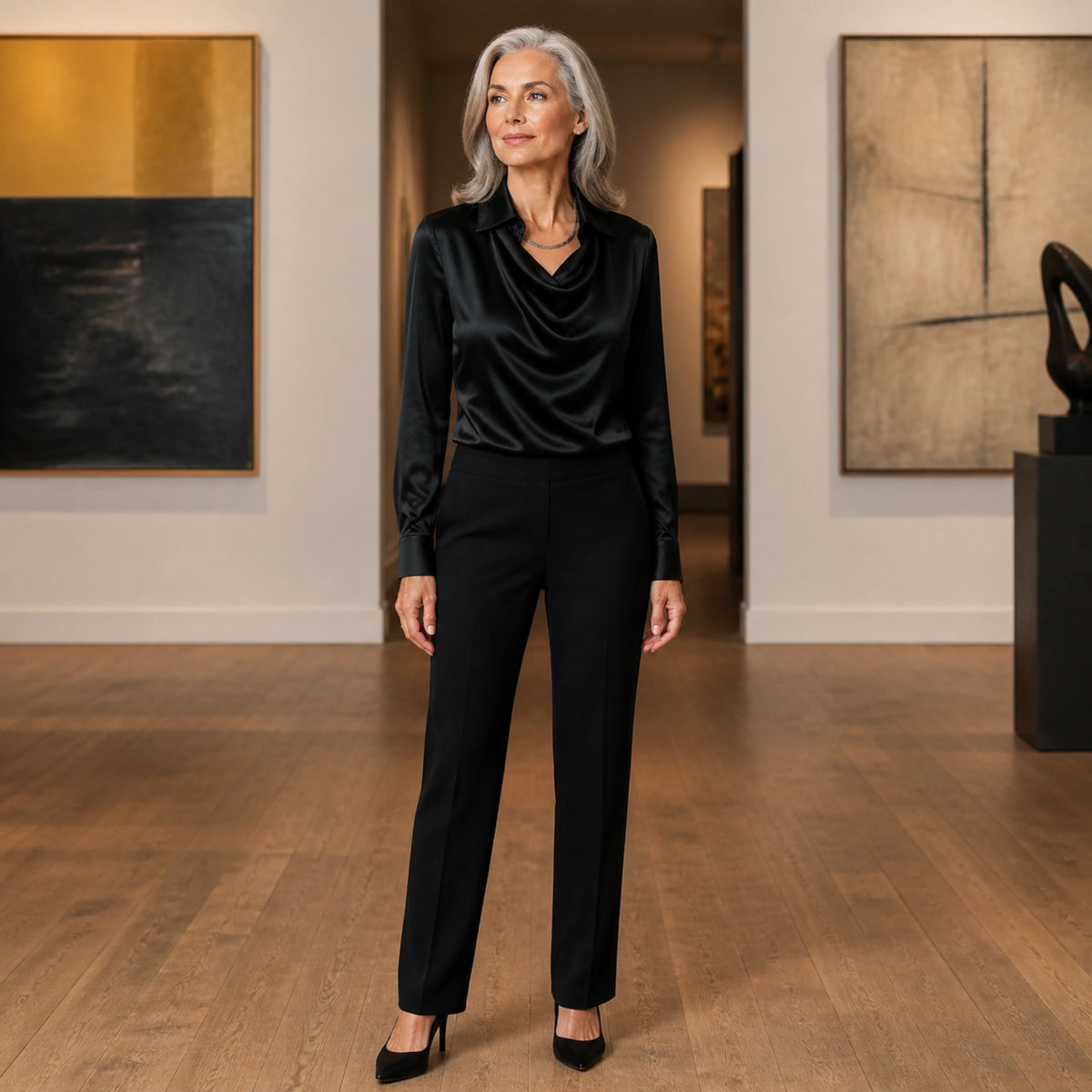 Black fluid drape satin blouse complete front view — view 2