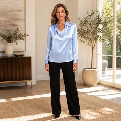 Powder blue fluid drape satin blouse complete front view — view 4
