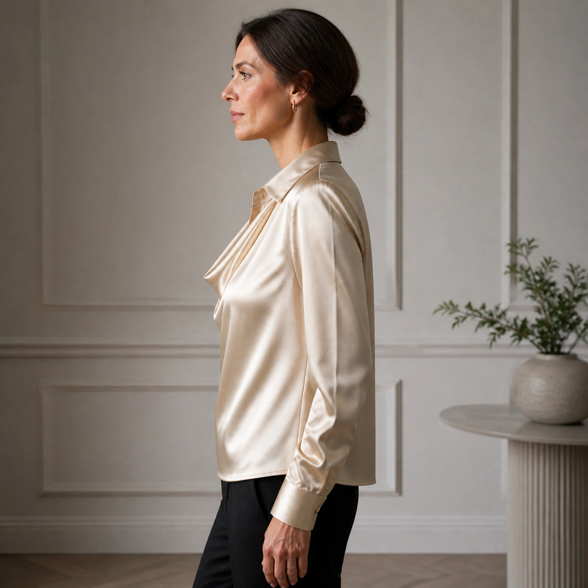 Champagne drape satin blouse true side view — view 6