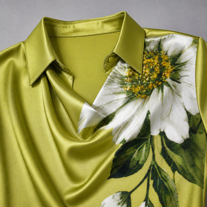 satin blouse — Olive floral blouse collar cowl neckline and flower detail — view 8